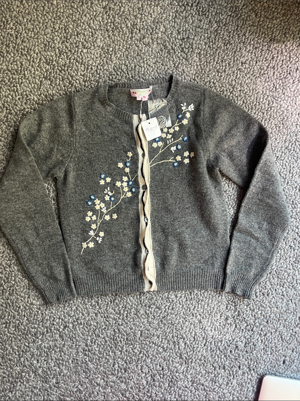 Bonpoint Wool Gray Floral Embroidered Cardigan with Cream Trim NEW